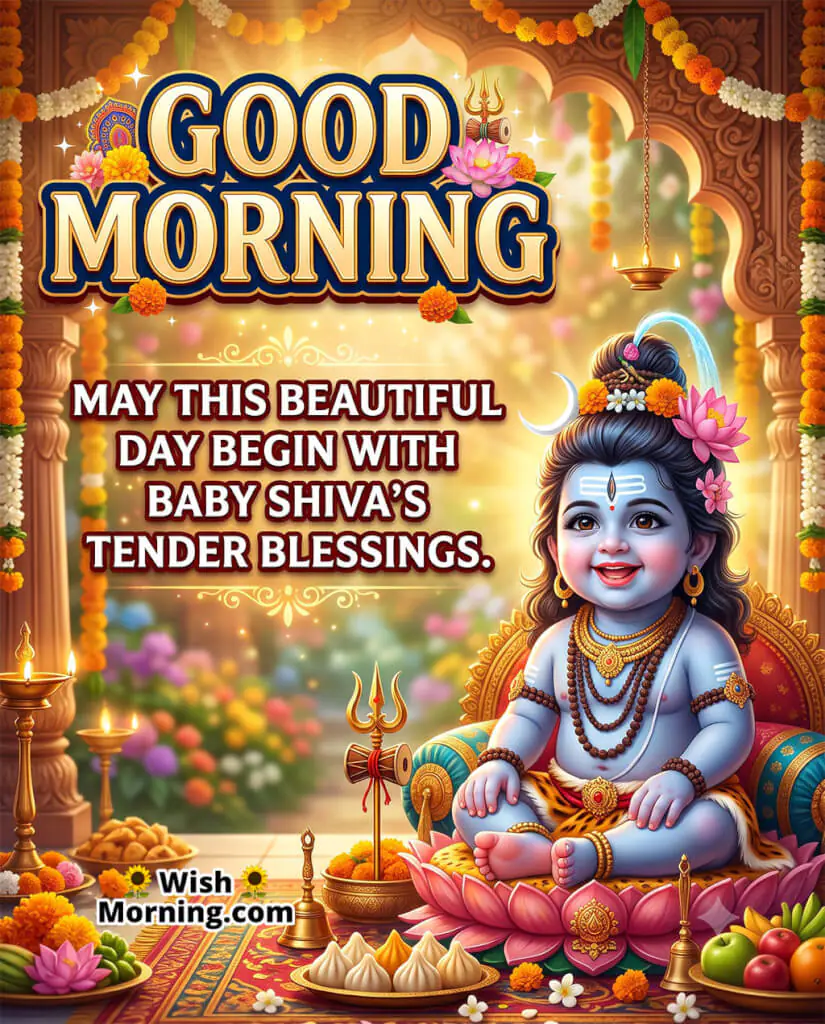 Tender Good Morning Baby Shiva Blessings Image featuring Baby Shiva seated on a lotus in a decorated temple, symbolizing divine care, peace, and a beautiful beginning to the day.