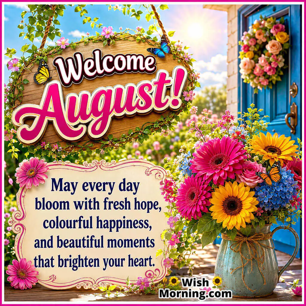 Welcome August Floral Garden Wishes Image featuring colourful flower bouquets, butterflies, a welcoming garden entrance, and bright sunshine, symbolizing fresh hope, blooming happiness, and beautiful memories.