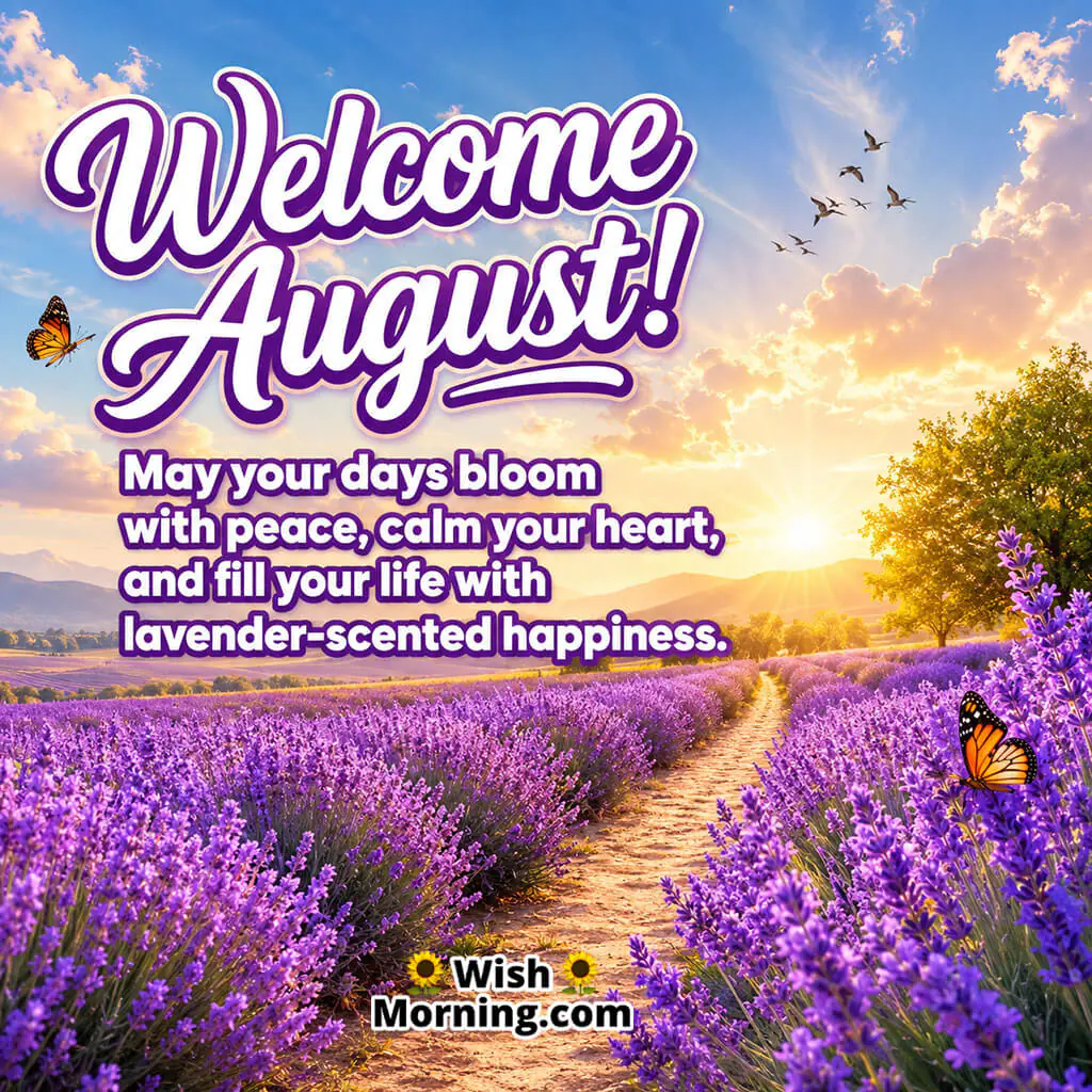 Welcome August Lavender Field Morning Image featuring blooming lavender fields, a glowing sunrise, butterflies, and a peaceful country path, symbolizing calm, peace, and joyful new beginnings.