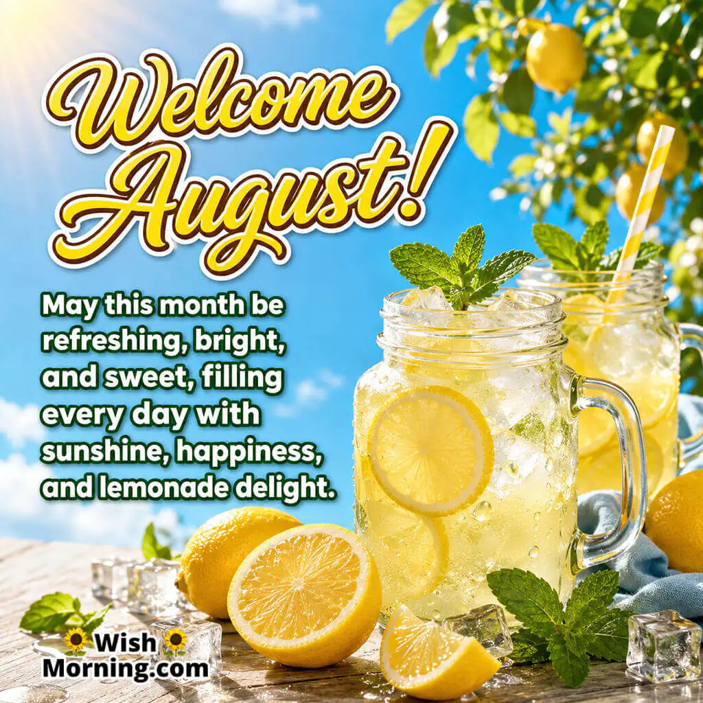 Welcome August Refreshing Lemonade Image featuring chilled lemonade with fresh lemons, mint leaves, and bright summer sunshine, symbolizing freshness, happiness, and sweet August days.