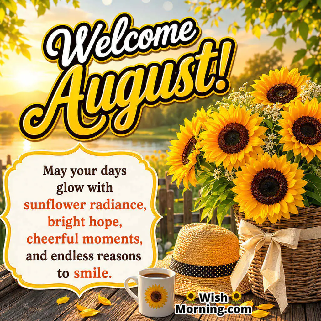 Welcome August Sunflower Happiness Image featuring radiant sunflowers, a rustic basket, morning coffee, and golden sunrise, symbolizing hope, positivity, cheerful moments, and August blessings.