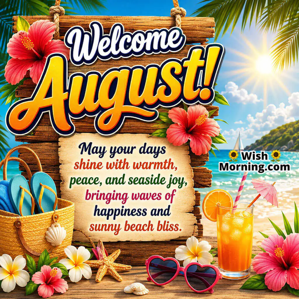 Welcome August Tropical Beach Paradise Image featuring a sunny beach with hibiscus flowers, tropical drink, flip-flops, and ocean waves, symbolizing seaside joy, relaxation, and summer happiness.