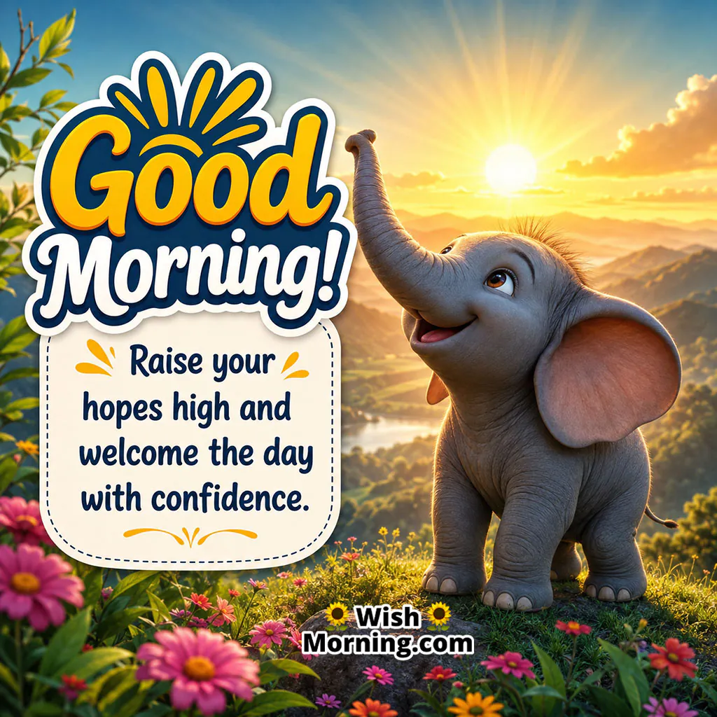 Baby Elephant Sunrise Good Morning Hope Quote featuring a playful baby elephant raising its trunk towards the bright rising sun.