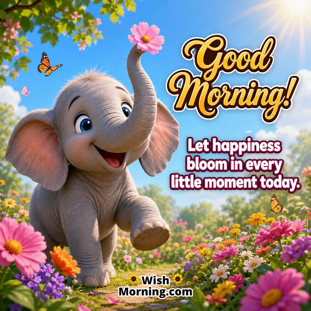 Baby Elephant with Flowers Good Morning Happiness Quote featuring a cute baby elephant holding a flower with its trunk among colourful morning blooms.