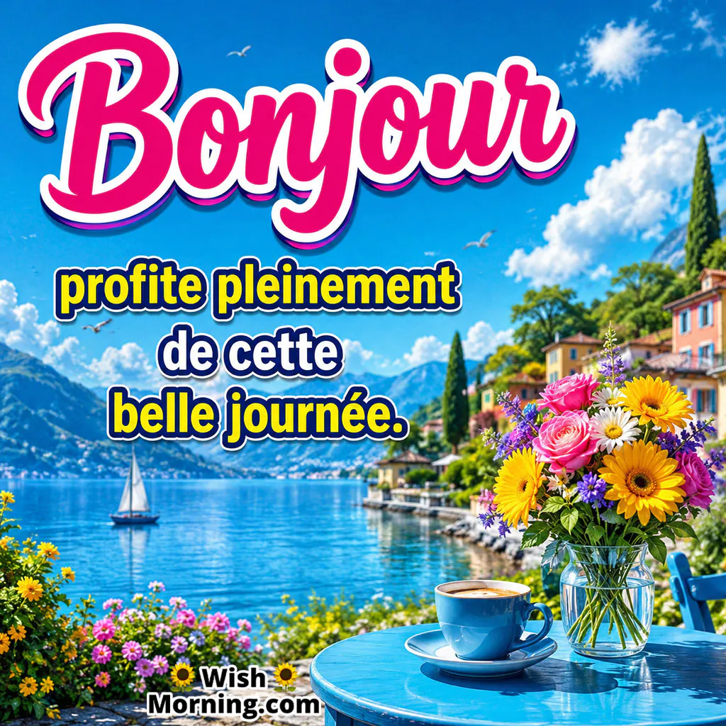 Bonjour Beautiful Day Morning Wish featuring a colourful flower bouquet, blue coffee cup, lakeside scenery, mountains and a sunny outdoor setting symbolising enjoyment of a beautiful day.