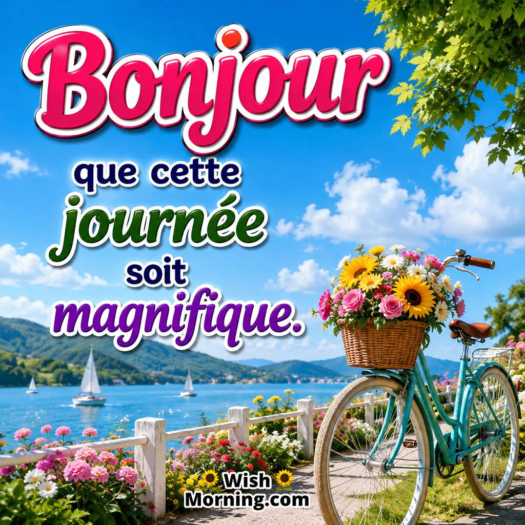 Bonjour Beautiful Day Quote Image featuring a colourful bicycle, vibrant flower basket, lakeside path, tulips and windmill symbolising a beautiful day.