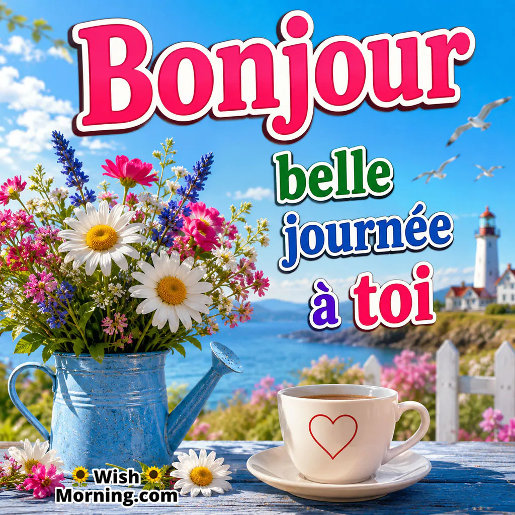 Bonjour Beautiful Day Wish Image featuring colourful flowers, a seaside lighthouse, blue sky and a heart-decorated coffee cup creating a cheerful morning scene.