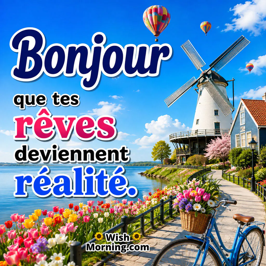 Bonjour Dreams Come True Wish Image featuring a colourful windmill village, hot-air balloons, tulip garden and lakeside path symbolising hopes becoming reality.