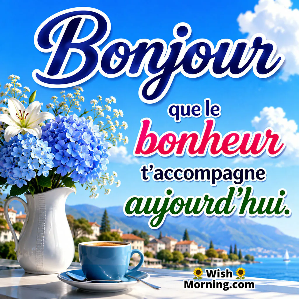 Bonjour Happiness Wish Image featuring blue hydrangeas, white lilies, a coffee cup and peaceful mountain lake symbolising happiness throughout the day.
