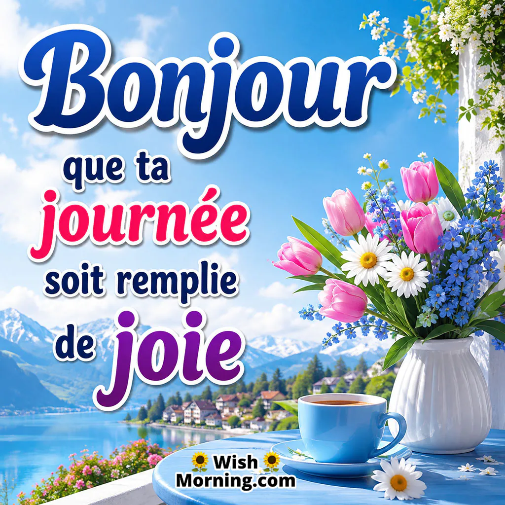 Bonjour Joyful Day Wish Image featuring pink tulips, blue flowers, a coffee cup and a peaceful mountain lake symbolising joy and freshness.