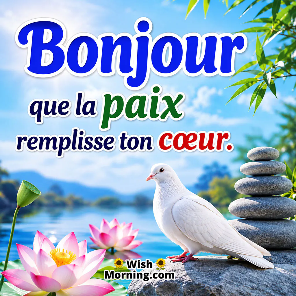 Bonjour Peaceful Heart Wish Image featuring a white dove beside lotus flowers and balanced stones overlooking a calm lake, symbolising peace and inner harmony.