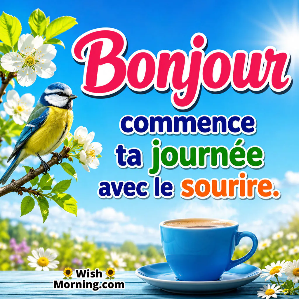 Bonjour Smile Morning Wish Image featuring a colourful songbird resting on a flowering branch, blue coffee cup and sunny garden landscape symbolising a happy start.