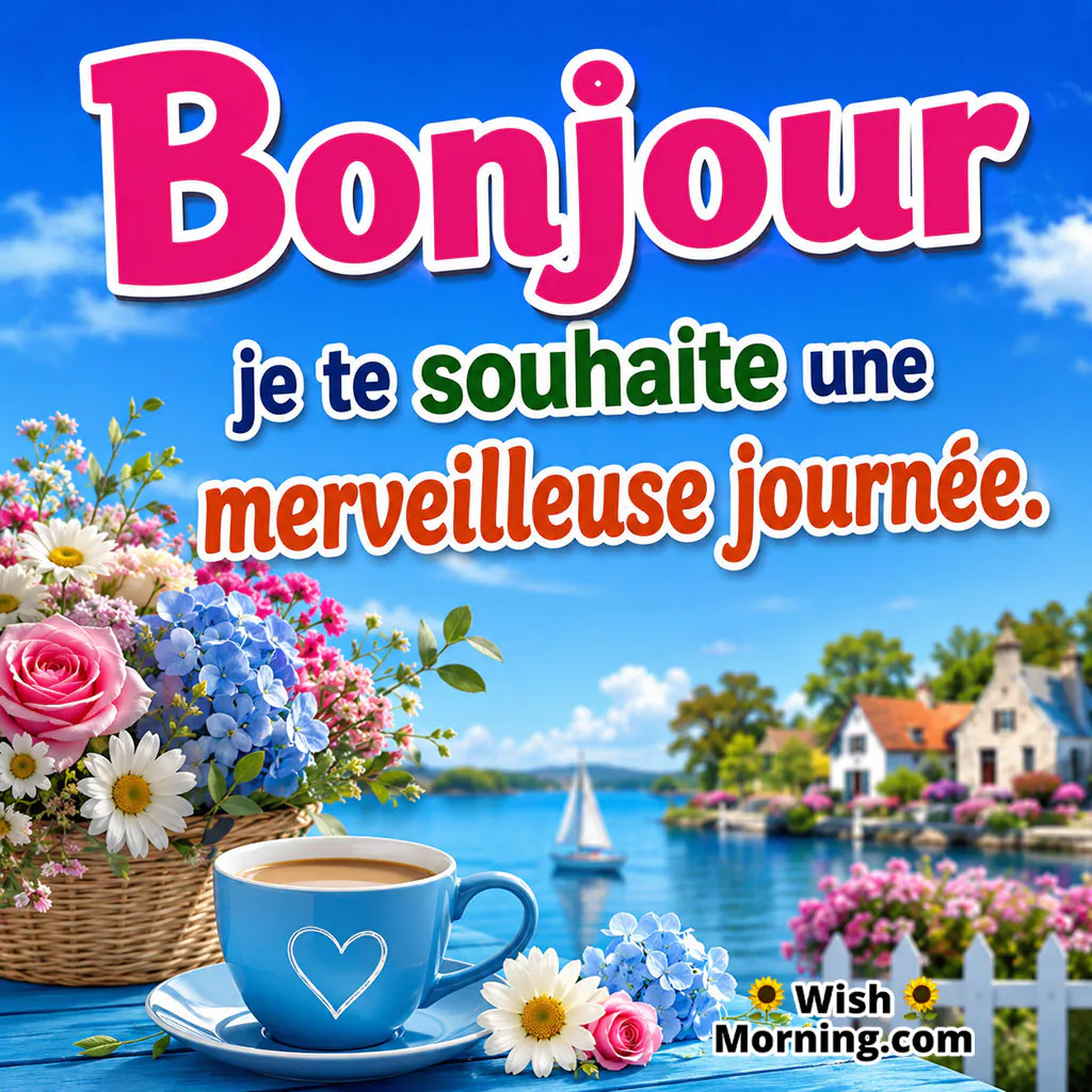 Bonjour Wonderful Day Wish Image featuring a flower-filled basket, blue coffee cup, lakeside village and sailing boat creating a warm and cheerful morning atmosphere.