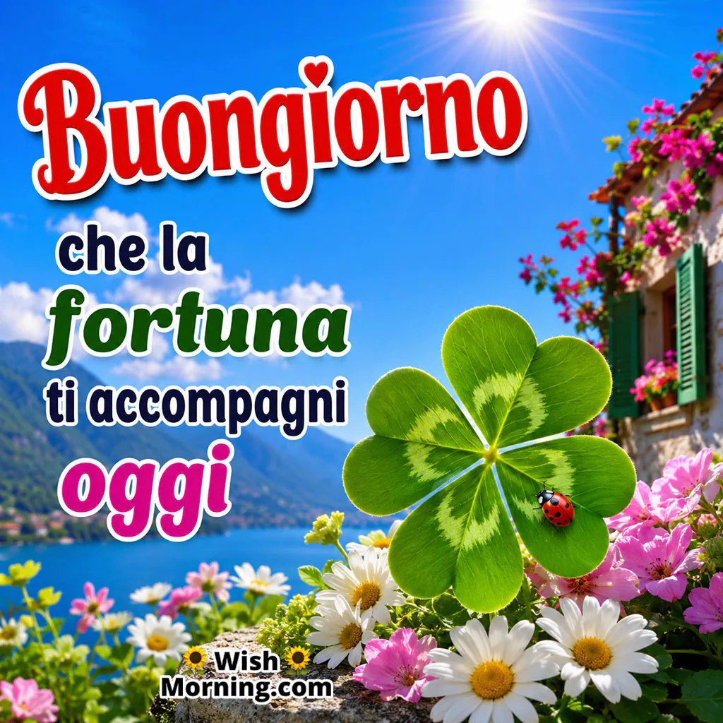 Buongiorno Good Luck Wish Image featuring a four-leaf clover surrounded by daisies and pink flowers against a bright lakeside landscape symbolising good fortune.