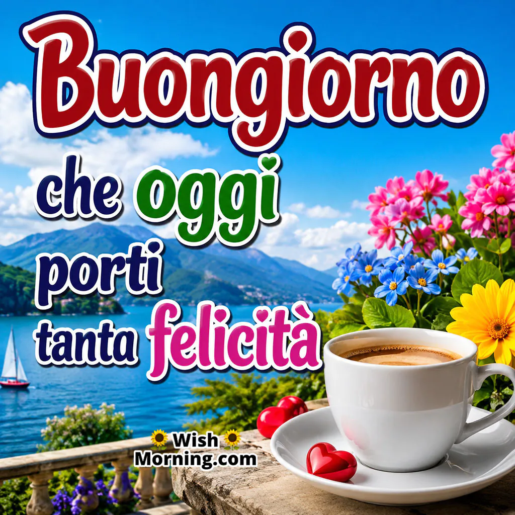 Buongiorno Happiness Wish Image featuring a white coffee cup, bright flowers, red heart accents and a beautiful mountain lake view symbolising happiness.