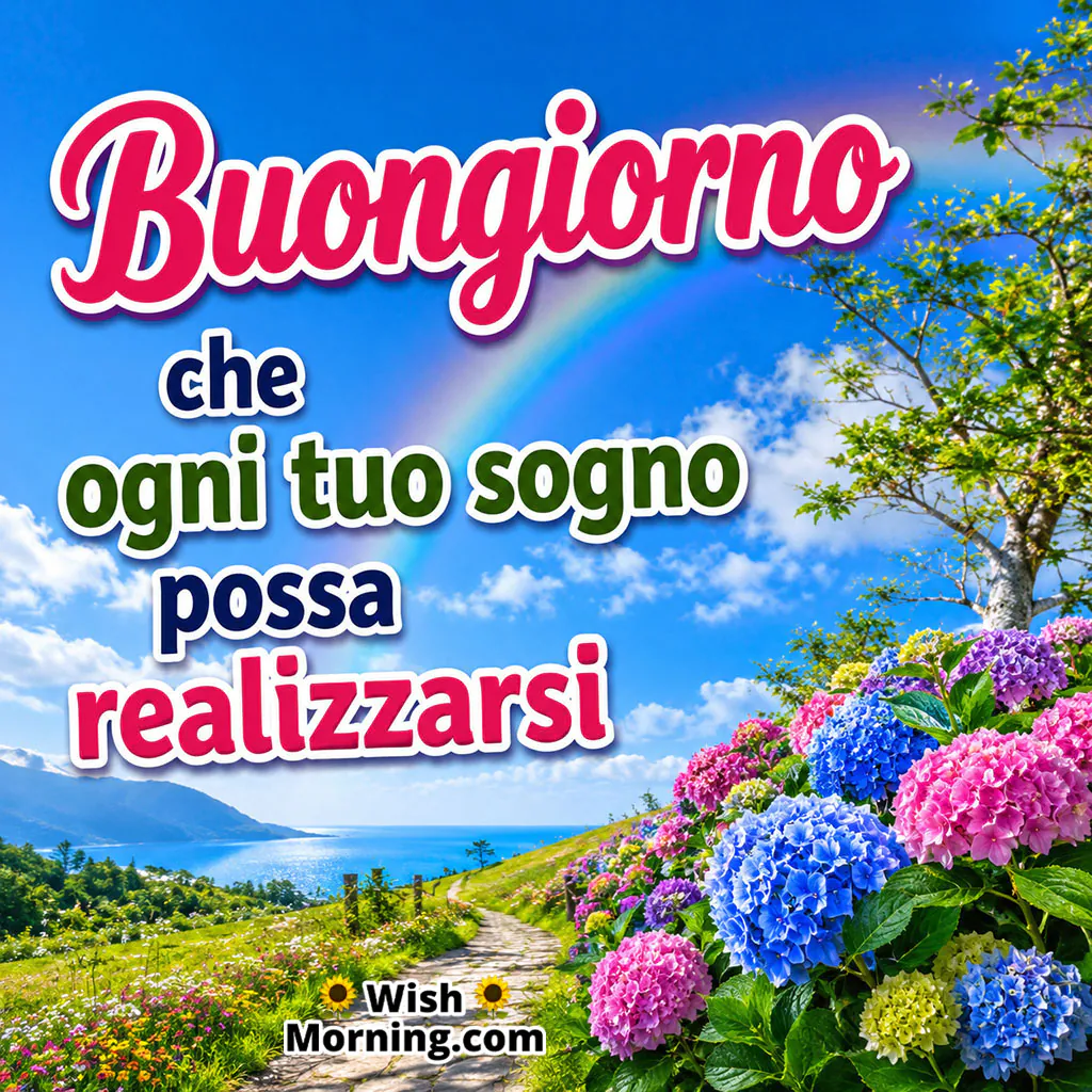 Buongiorno Peace Wish Image featuring an elegant blue flower arrangement, smooth stacked stones, a tranquil lake and mountains creating a serene morning atmosphere.