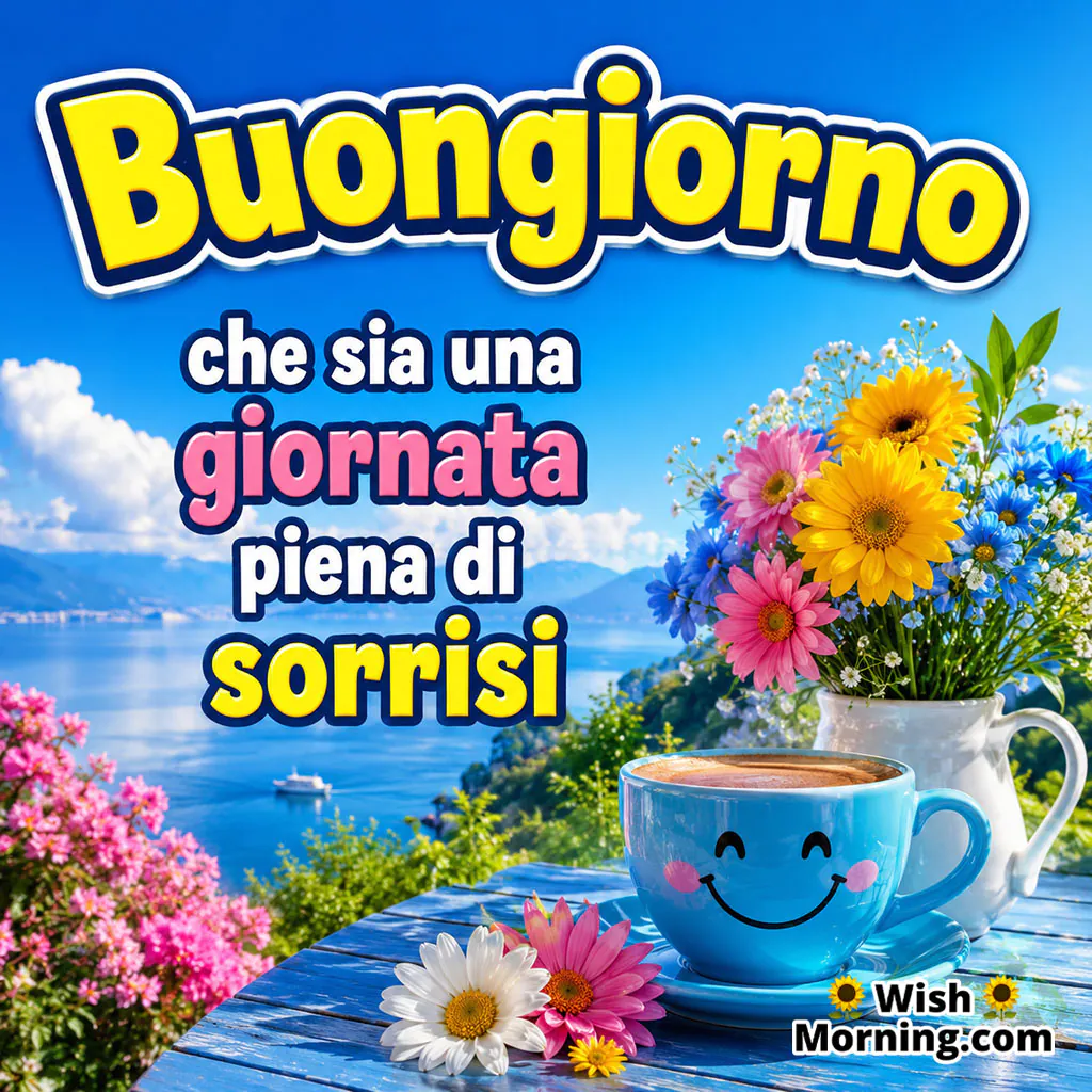 Buongiorno Smiles Wish Image featuring a smiling blue coffee cup, colourful flowers, a scenic lake and vibrant mountain landscape creating a happy morning mood.