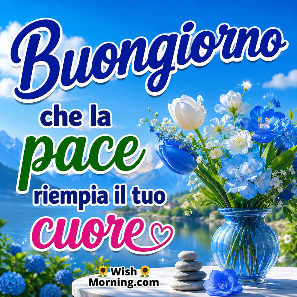 Buongiorno Wonderful Day Wish Image featuring a white bicycle with a flower-filled basket, colourful hydrangeas, a lakeside path and bright mountains symbolising a beautiful day.
