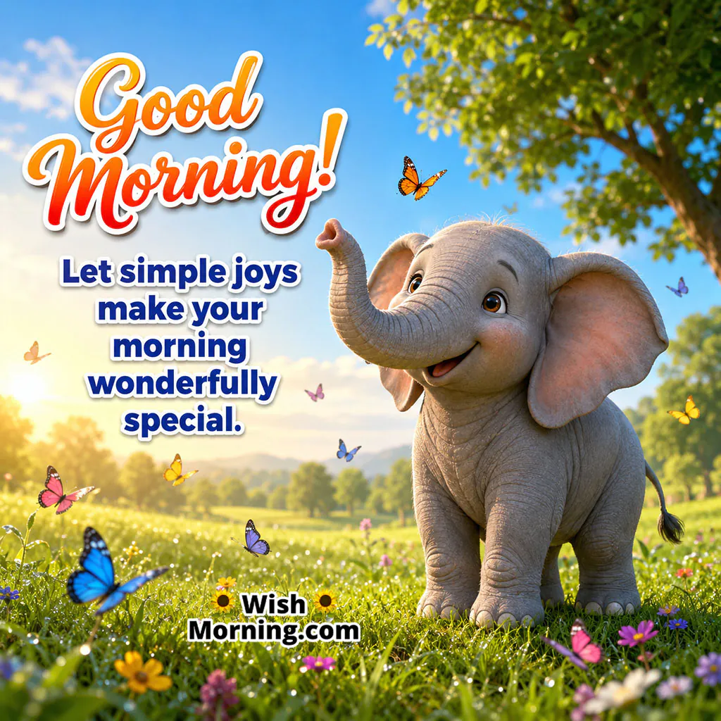 Elephant and Butterflies Good Morning Joy Quote featuring a gentle elephant surrounded by colourful butterflies in a fresh green morning field.