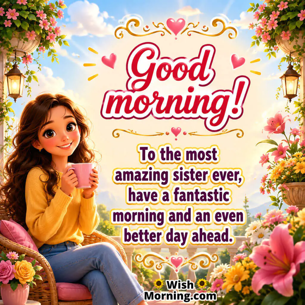Good Morning Amazing Sister Wishes Image featuring a happy sister enjoying a peaceful morning with coffee and colourful flowers, symbolizing appreciation, positivity, and a wonderful day ahead.