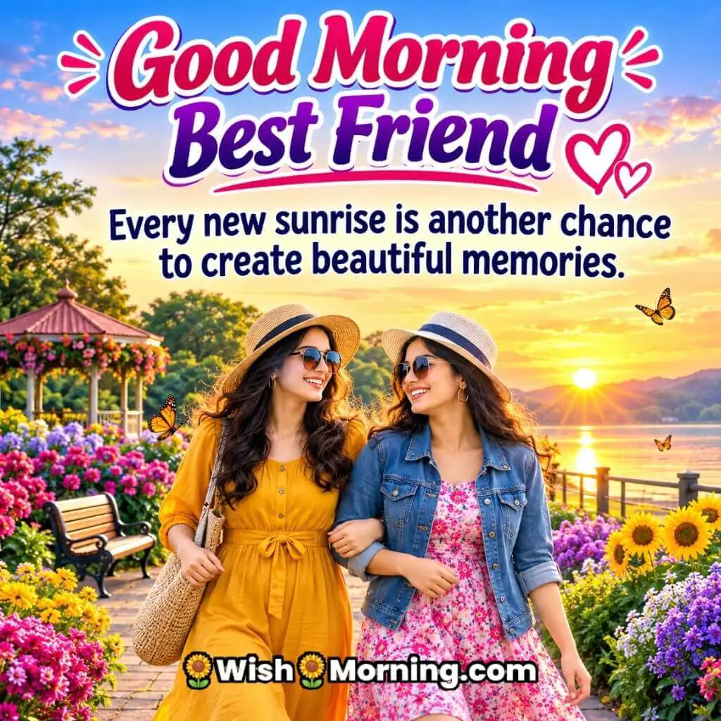 Good Morning Best Friend Beautiful Memories Message featuring friends walking through a sunrise garden symbolizing friendship and cherished moments