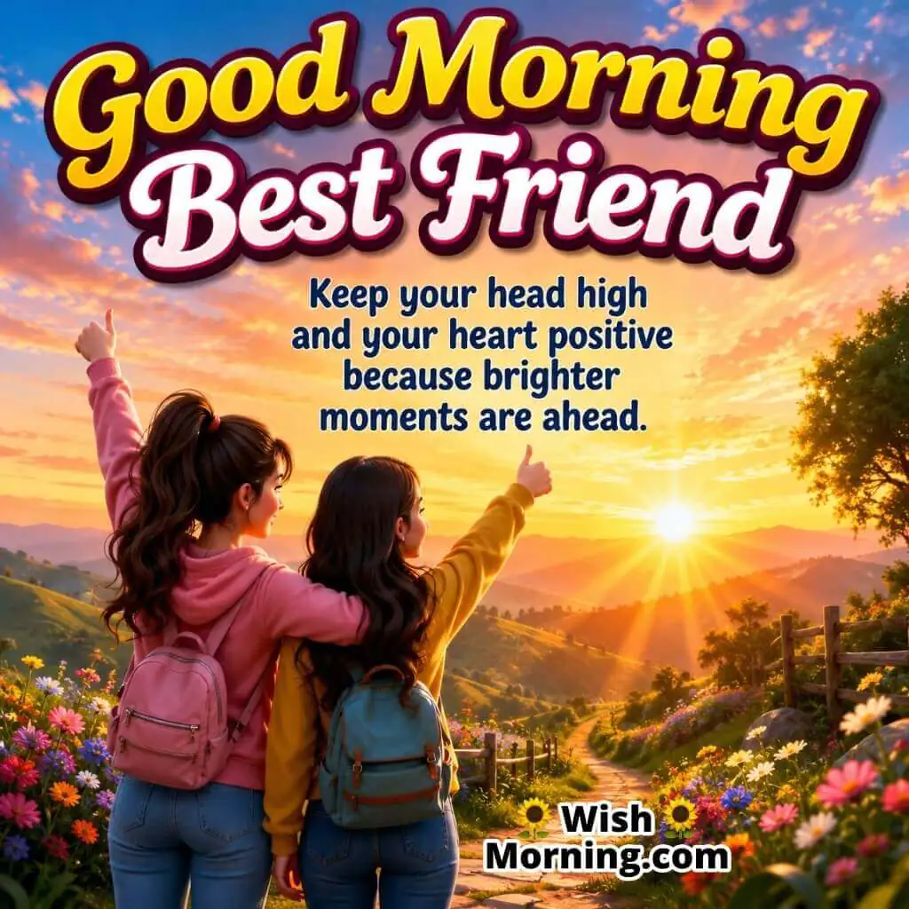 Good Morning Best Friend Positive Outlook Message featuring confident friends beneath a sunrise sky symbolizing hope and encouragement