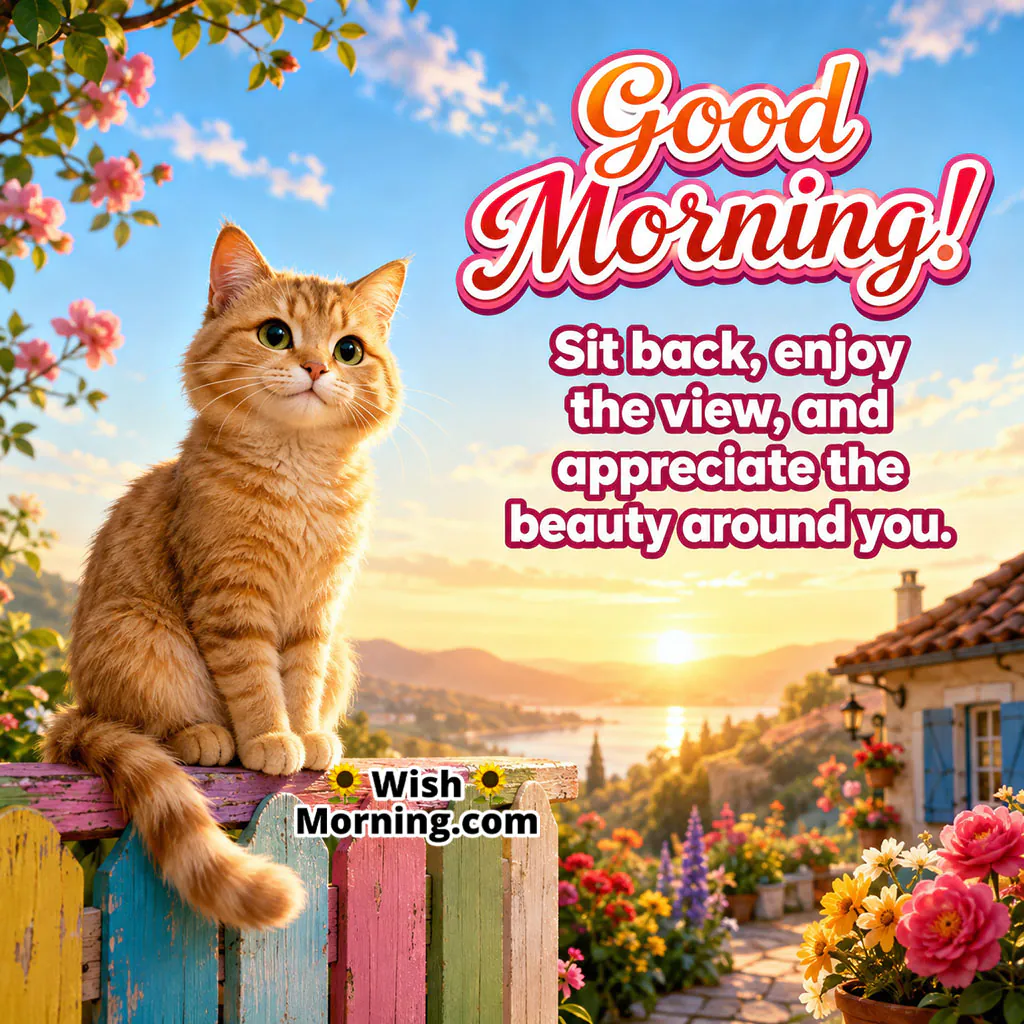 Good Morning Cat Enjoying Sunrise View Image featuring a charming orange cat sitting on a colourful fence overlooking a beautiful sunrise landscape, symbolizing gratitude, serenity, and appreciation of nature.
