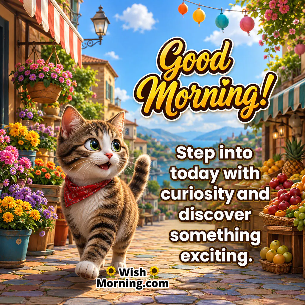 Good Morning Curious Cat Adventure Image featuring an adorable kitten walking through a vibrant flower-filled village street, symbolizing curiosity, discovery, and exciting new beginnings.