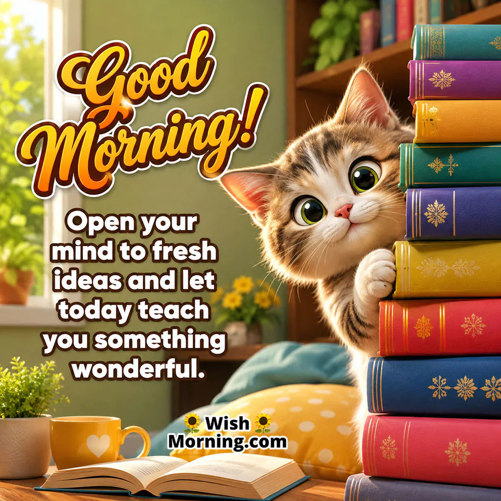 Good Morning Curious Kitten with Books Image featuring a cute kitten peeking beside a colourful stack of books in a cozy reading corner, symbolizing learning, creativity, and fresh ideas.