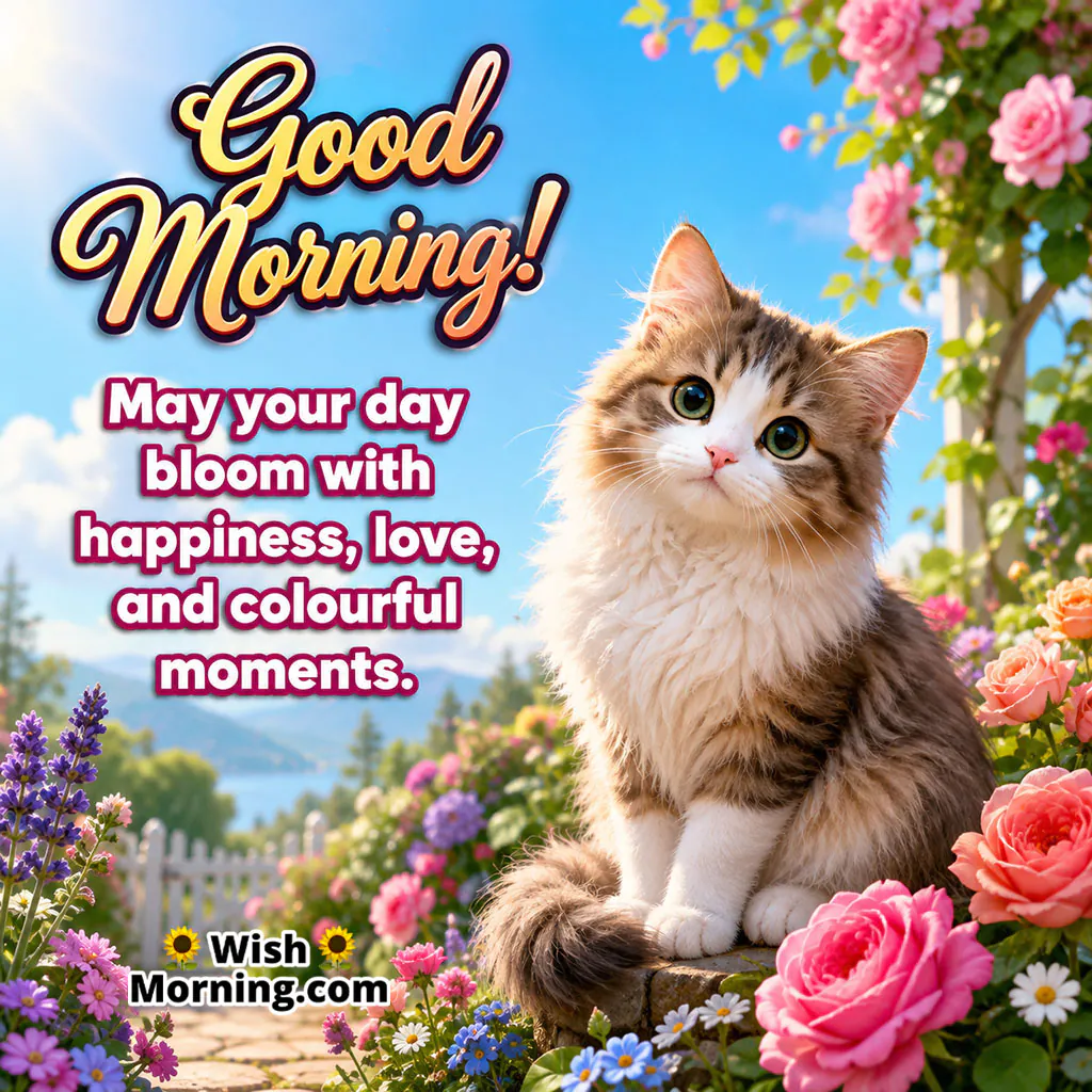 Good Morning Cute Cat in Flower Garden Image featuring an adorable fluffy kitten surrounded by colourful flowers in a peaceful garden, symbolizing happiness, love, and beautiful moments.