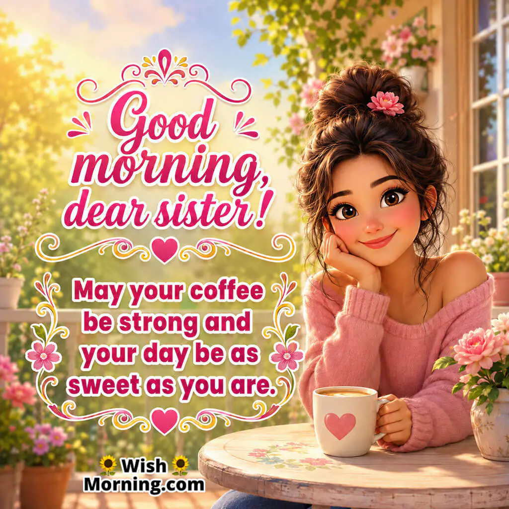 Good Morning Dear Sister Coffee Wish Image featuring a smiling sister enjoying a morning coffee on a flower-filled balcony, symbolizing warmth, love, sweetness, and a joyful start to the day.