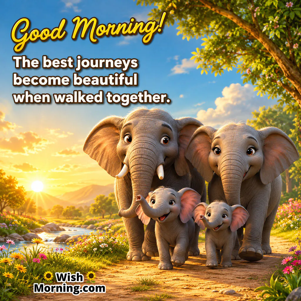 Good Morning Elephant Family Quote on Togetherness featuring a loving elephant family walking together beside a peaceful river in the fresh morning.