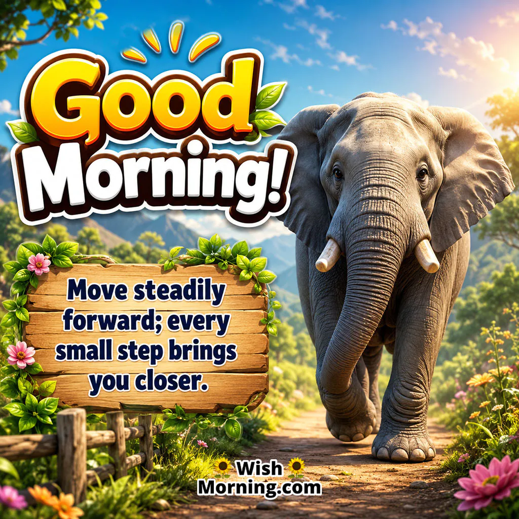 Good Morning Elephant Forest Path Progress Quote featuring a strong elephant walking steadily along a bright forest trail surrounded by lush greenery.