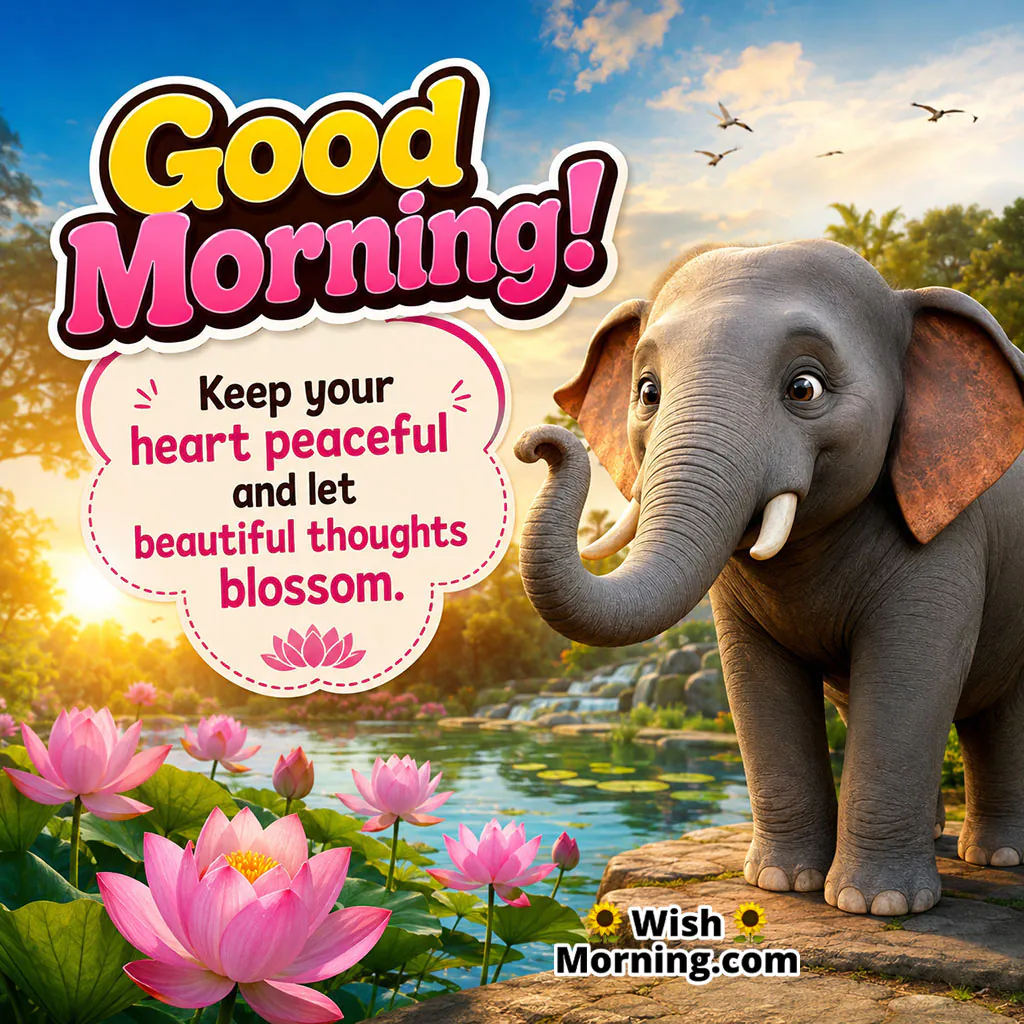 Good Morning Elephant Lotus Pond Peace Quote featuring a peaceful elephant near a calm pond surrounded by blooming pink lotus flowers.