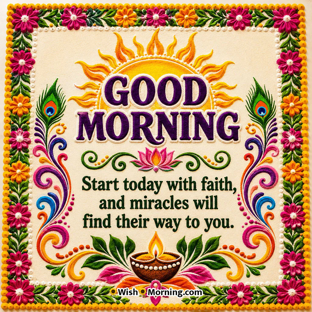 Good Morning Faith Diya Rangoli Image featuring a radiant sunrise, traditional diya, peacock feathers, floral border and colourful rangoli artwork with an inspirational quote.
