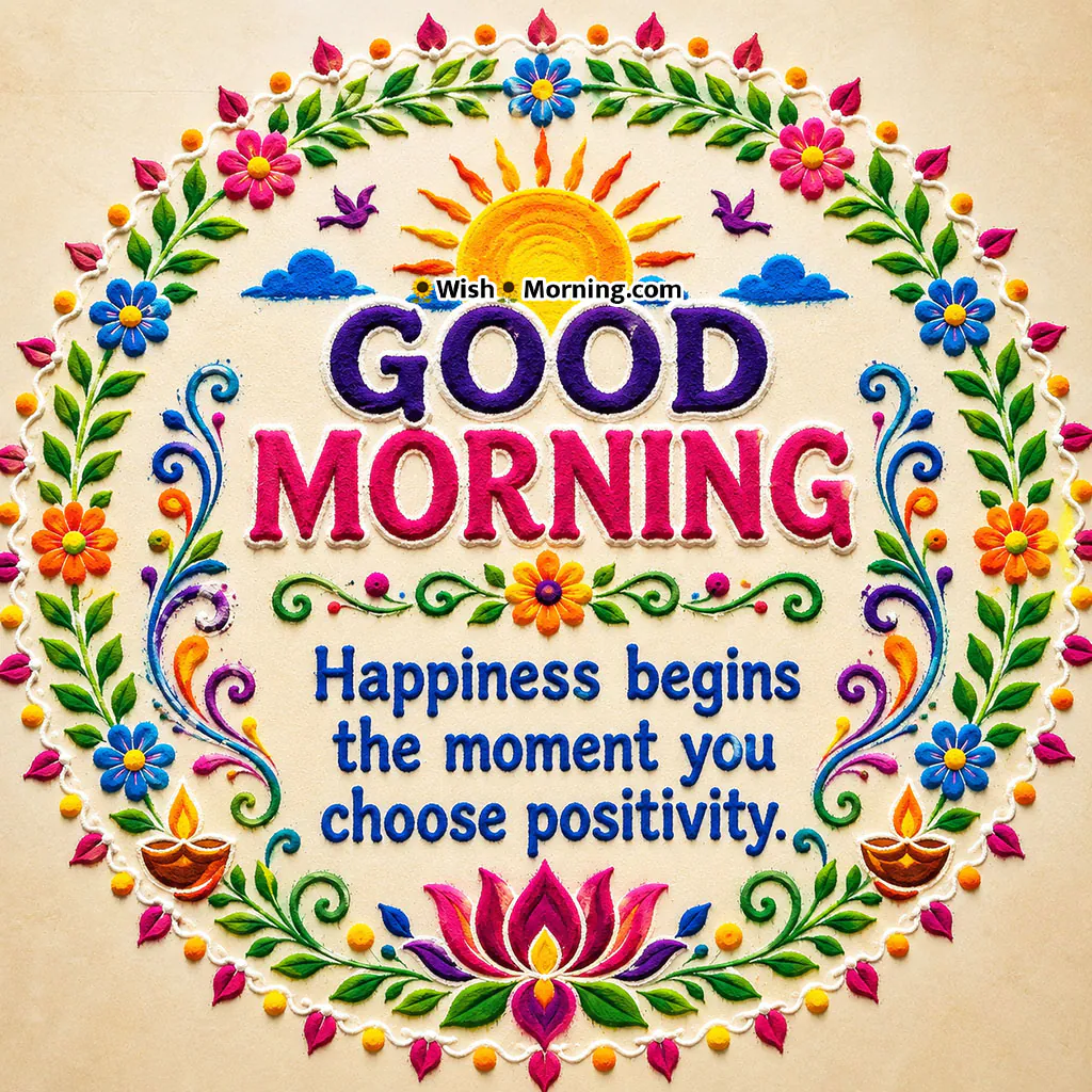 Good Morning Floral Wreath Rangoli Image featuring a circular floral wreath, rising sun, lotus flower, traditional diyas and colourful rangoli artwork with a positive morning quote.