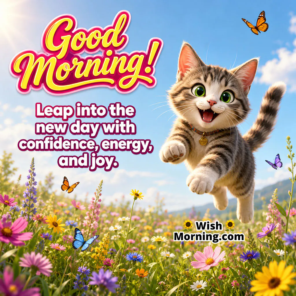 Good Morning Happy Jumping Kitten Image featuring an energetic kitten joyfully leaping through a colourful wildflower meadow with butterflies, symbolizing confidence, excitement, and a lively new day.