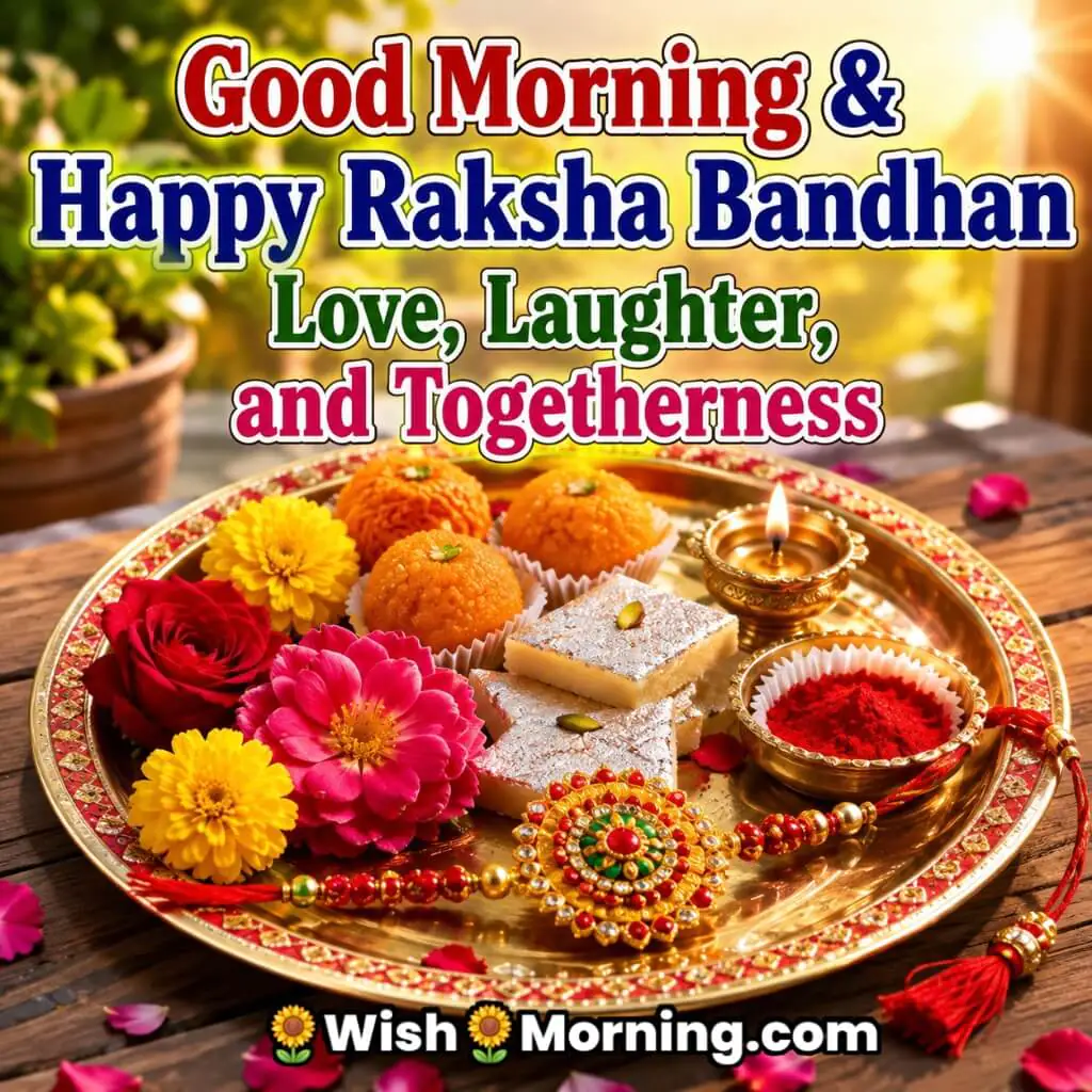 Good Morning Happy Raksha Bandhan Wish Image featuring a decorated rakhi thali with colourful flowers, sweets, diya, kumkum, rice and a traditional rakhi symbolising sibling love and celebration.