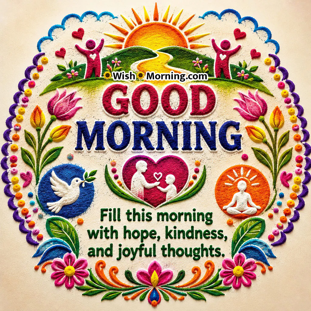 Good Morning Hope and Peace Rangoli Image featuring a sunrise, white dove, meditation symbol, lotus flowers and colourful rangoli artwork promoting hope and kindness.