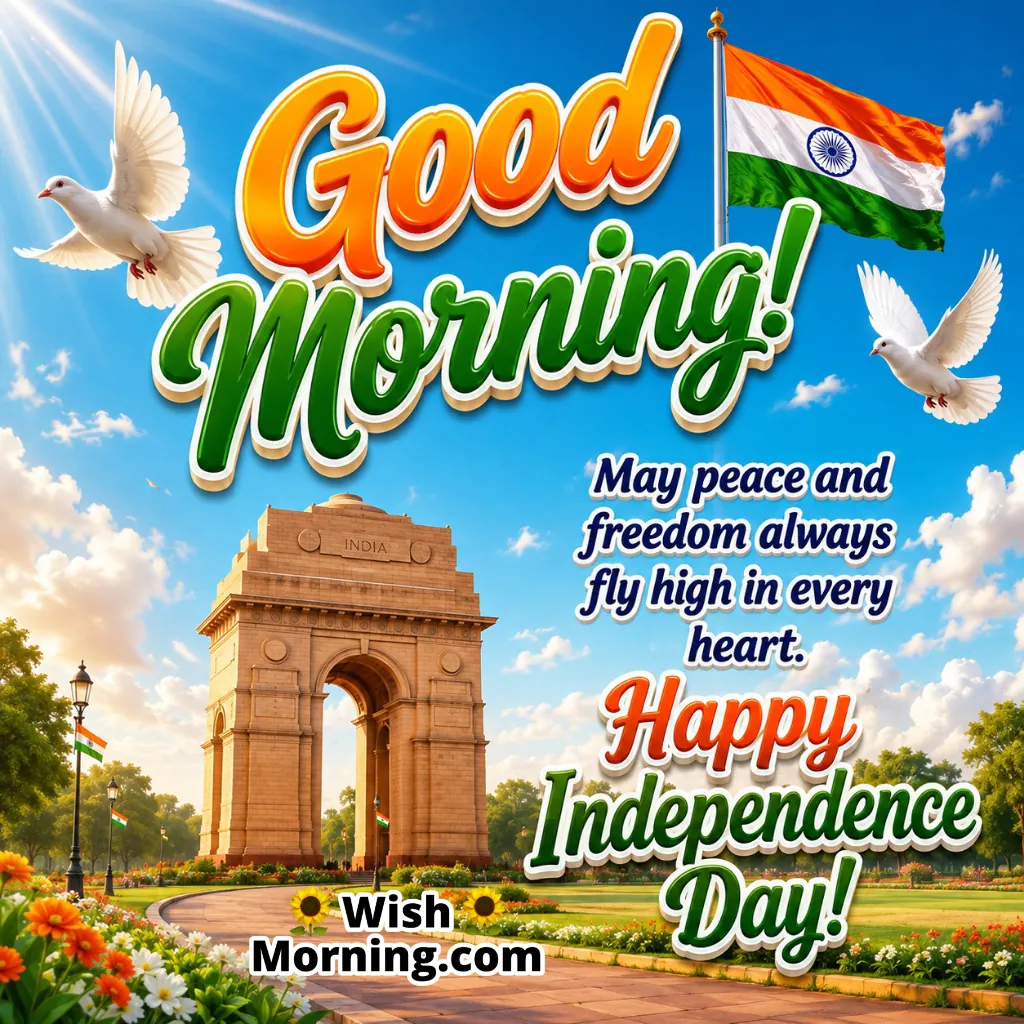 Good Morning India Gate Peace Quote featuring India Gate, the Indian flag and flying white doves under a bright morning sky, symbolising peace and freedom.
