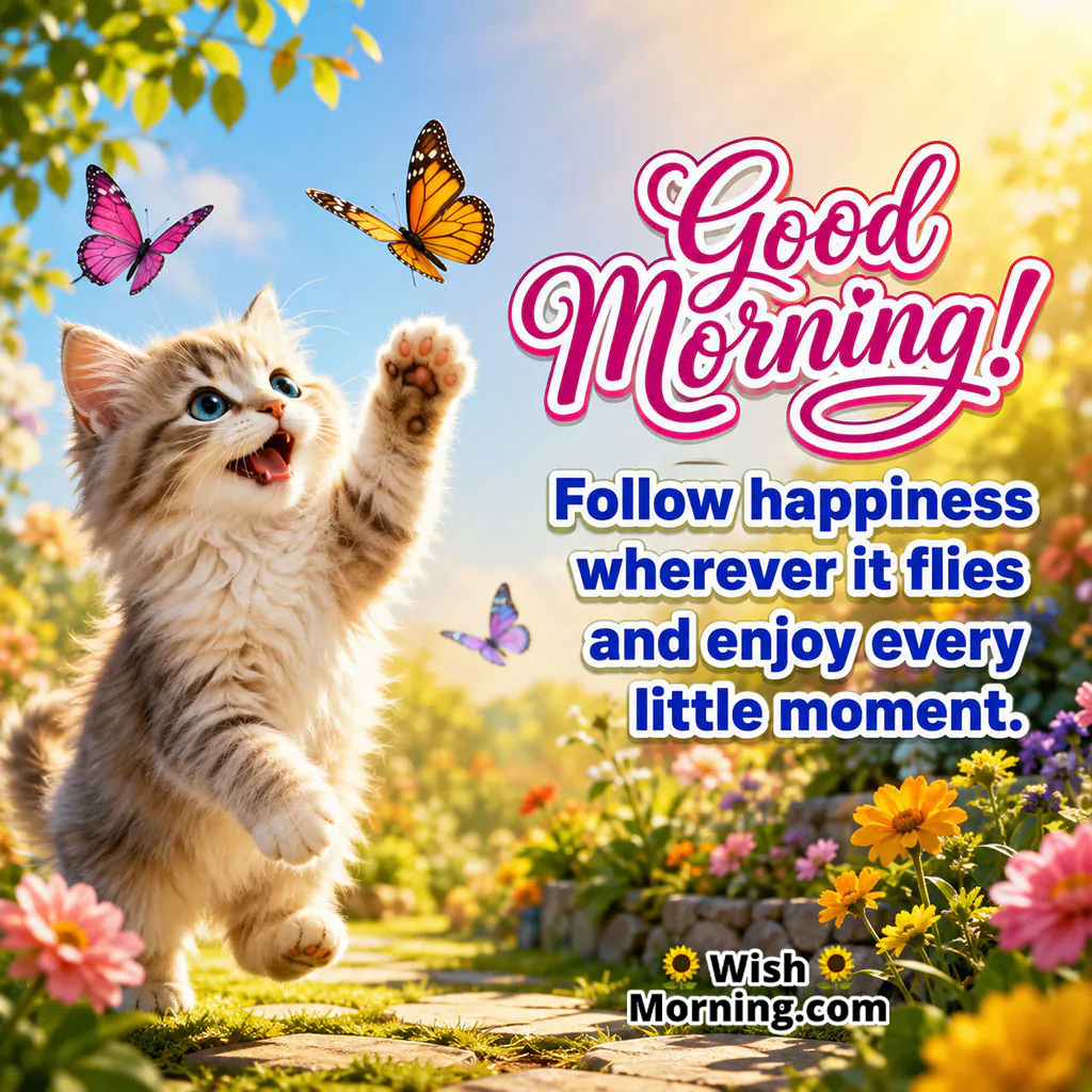 Good Morning Kitten Chasing Butterflies Image featuring a cheerful kitten reaching toward colourful butterflies in a blooming garden, symbolizing happiness, curiosity, and joyful little moments.