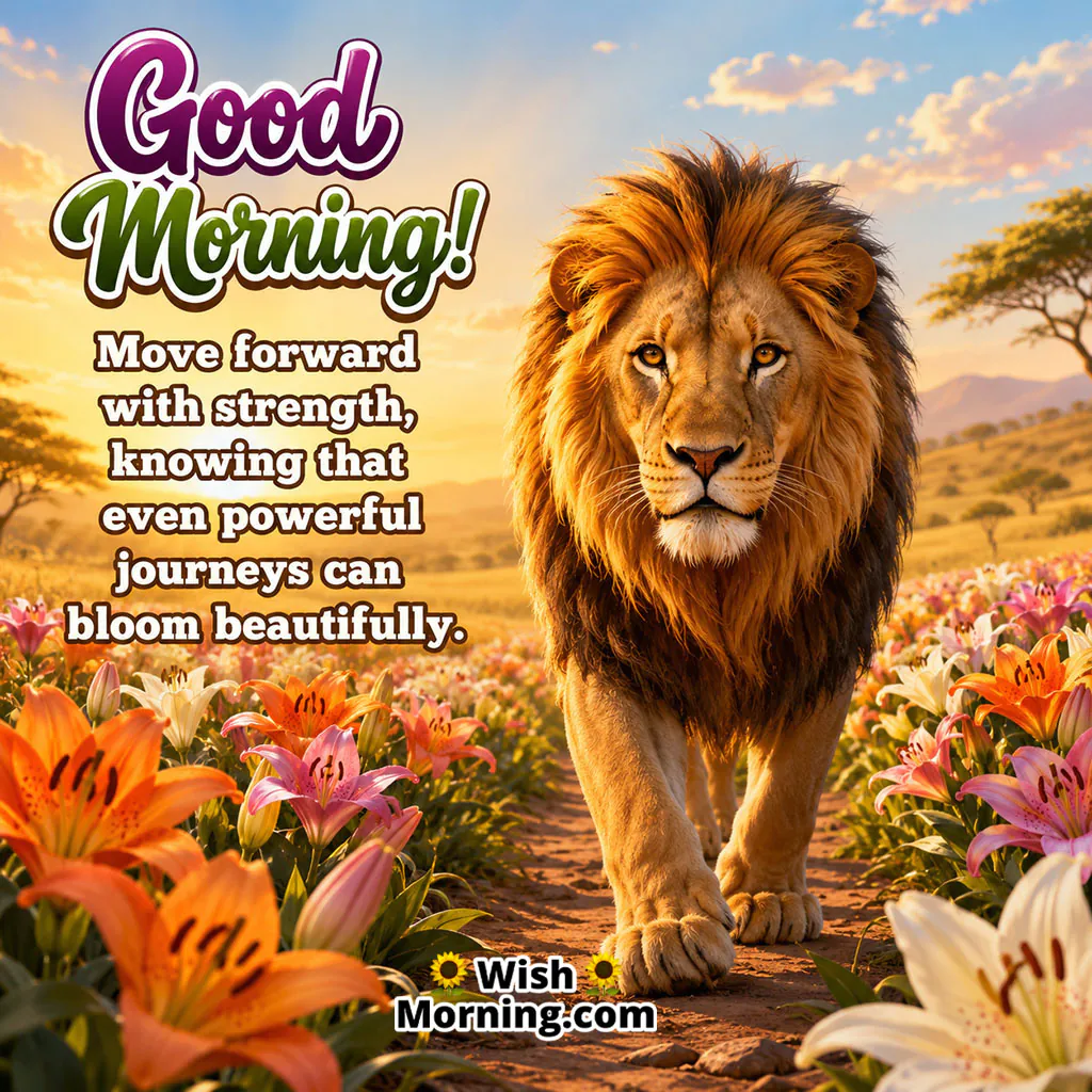 Good Morning Lion Blooming Journey Quote featuring a majestic lion walking through vibrant African lilies, symbolising courage, steady progress and the beauty found along a powerful life journey.