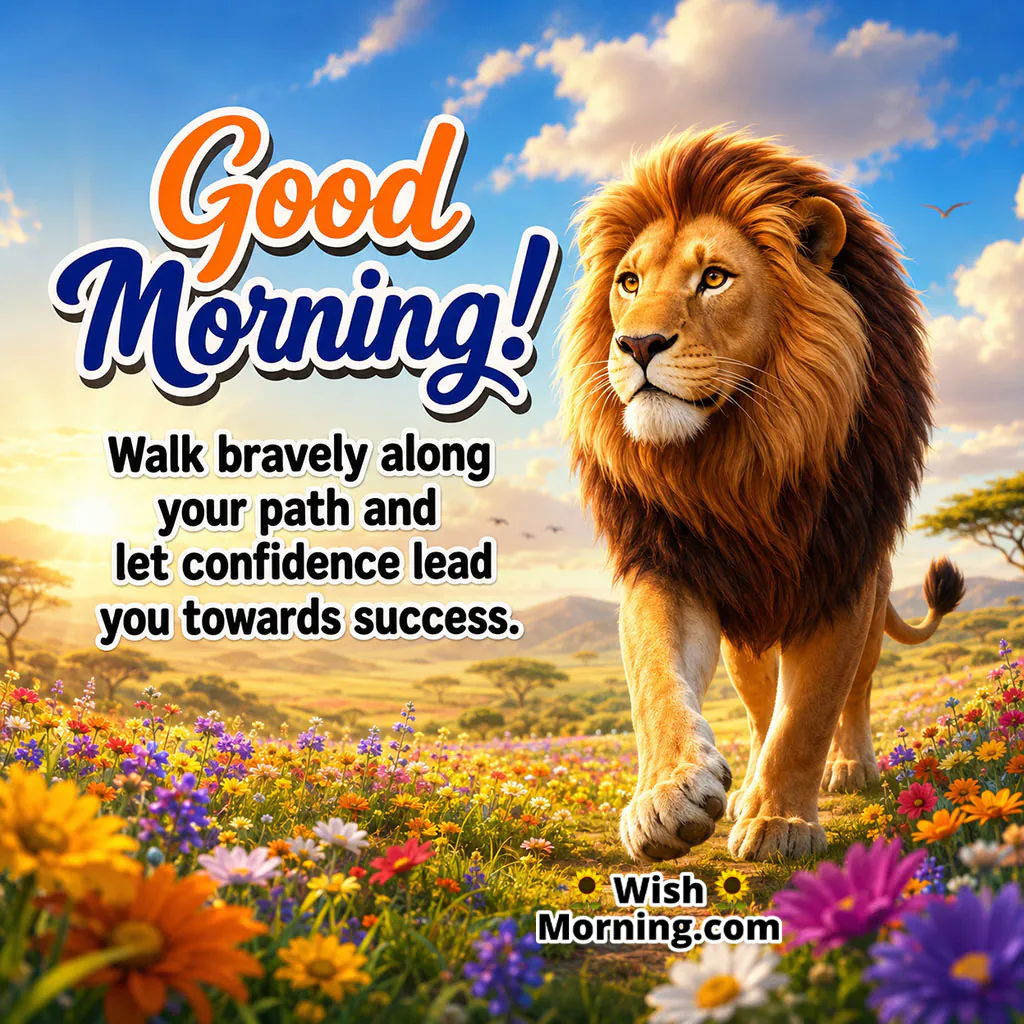 Good Morning Lion Confidence Success Wish featuring a majestic lion crossing a colourful flower-filled plain, symbolising courage, confidence and progress towards success.
