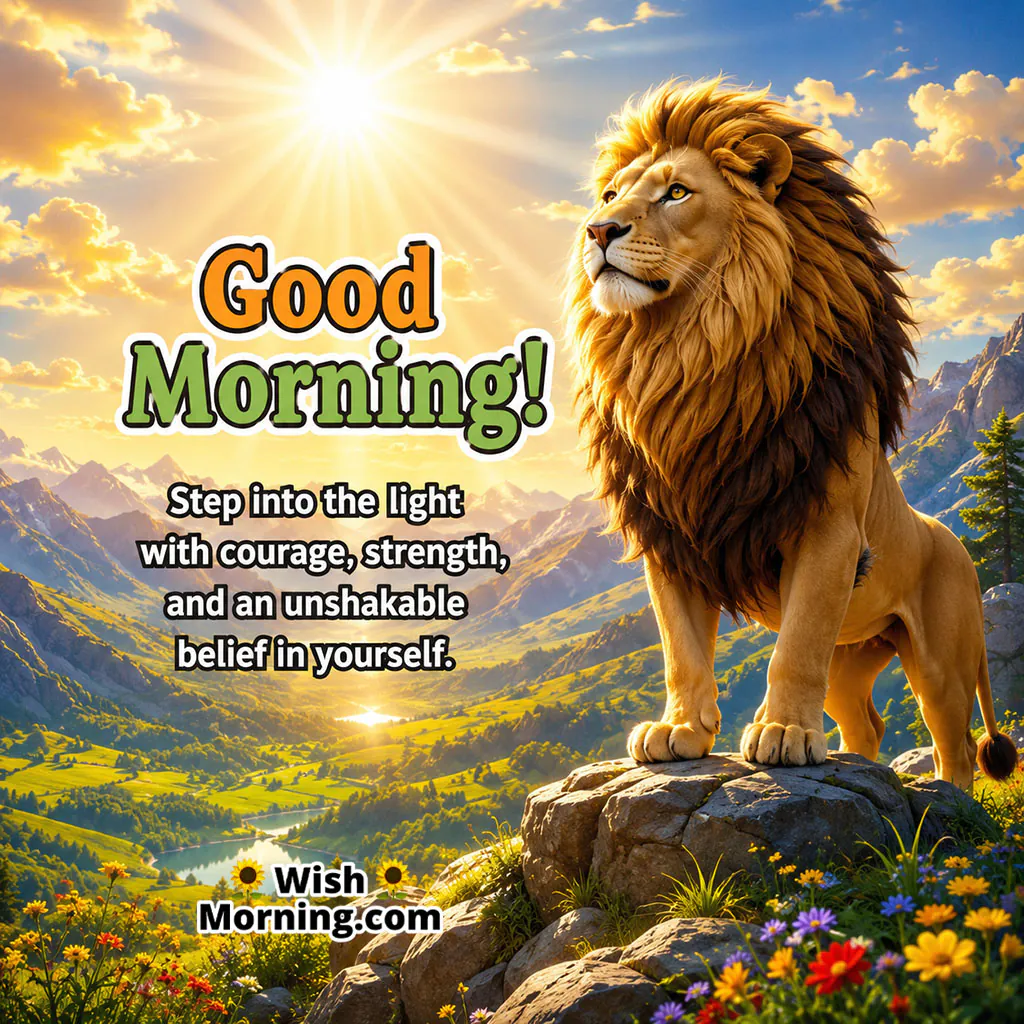 Good Morning Lion Courage Wish featuring a powerful lion standing beneath bright golden sunbeams, symbolising strength, courage and strong self-belief.
