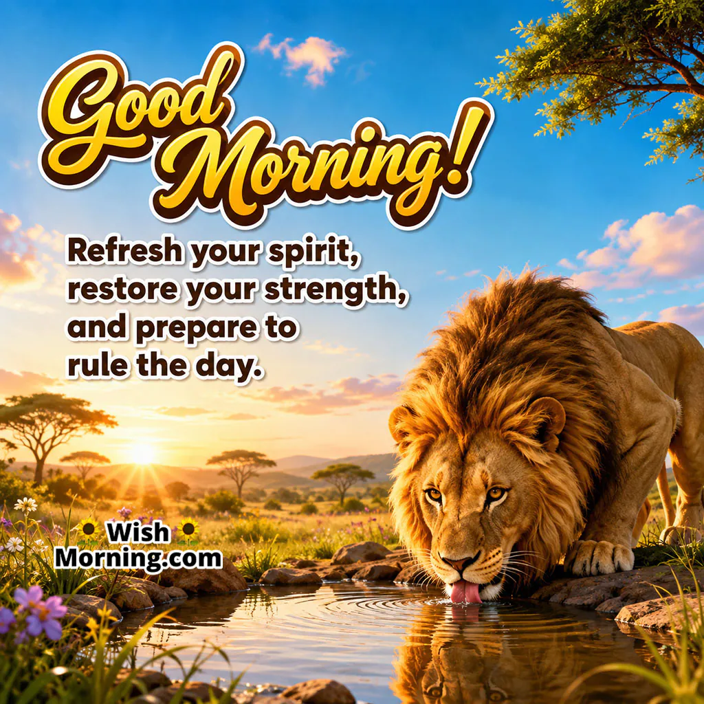 Good Morning Lion Drinking Water Image featuring a majestic lion drinking from a peaceful waterhole at sunrise, symbolising renewal, strength and readiness for the day.