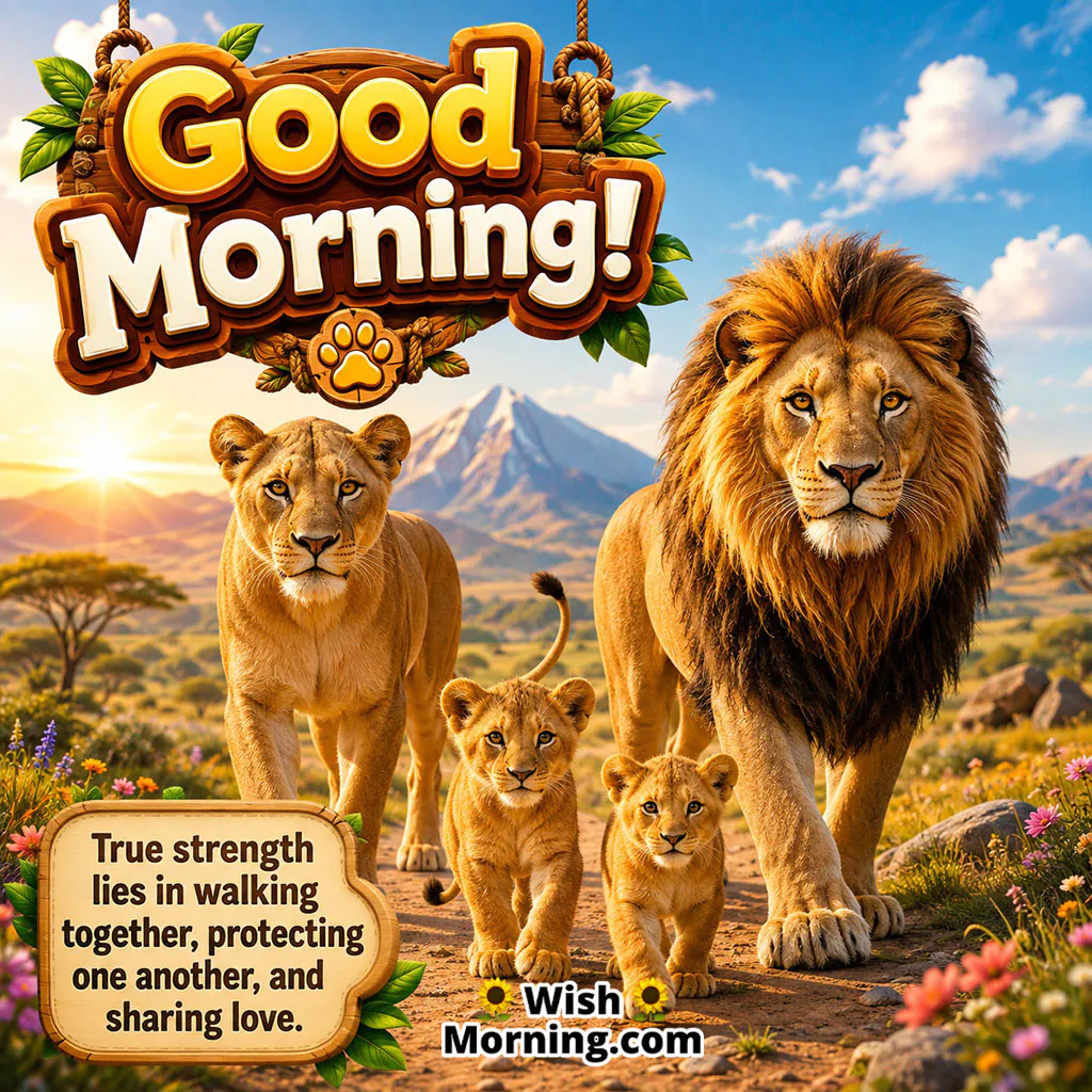 Good Morning Lion Family Image featuring a lion, lioness and two cubs walking together through a scenic savanna, symbolising family strength, protection and love.