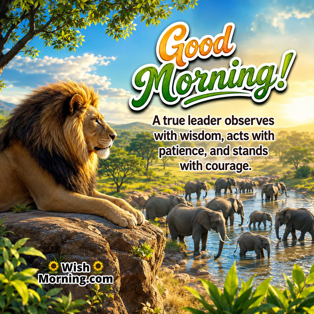 Good Morning Lion Leadership Wish featuring a thoughtful lion observing a herd of elephants in a natural landscape, symbolising wisdom, patience and courageous leadership.