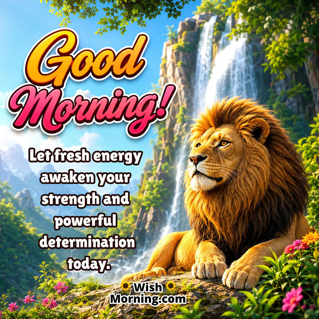 Good Morning Lion Strength Wish featuring a majestic lion beside a beautiful cascading waterfall surrounded by lush greenery, symbolising fresh energy and determination.