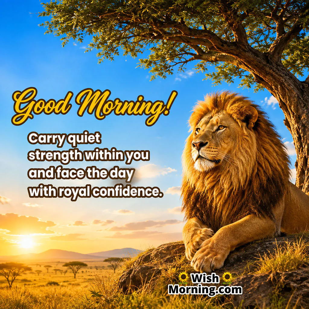 Good Morning Lion Under Tree Image featuring a majestic lion resting beneath a large tree overlooking the sunlit savanna, symbolising quiet strength and confidence.