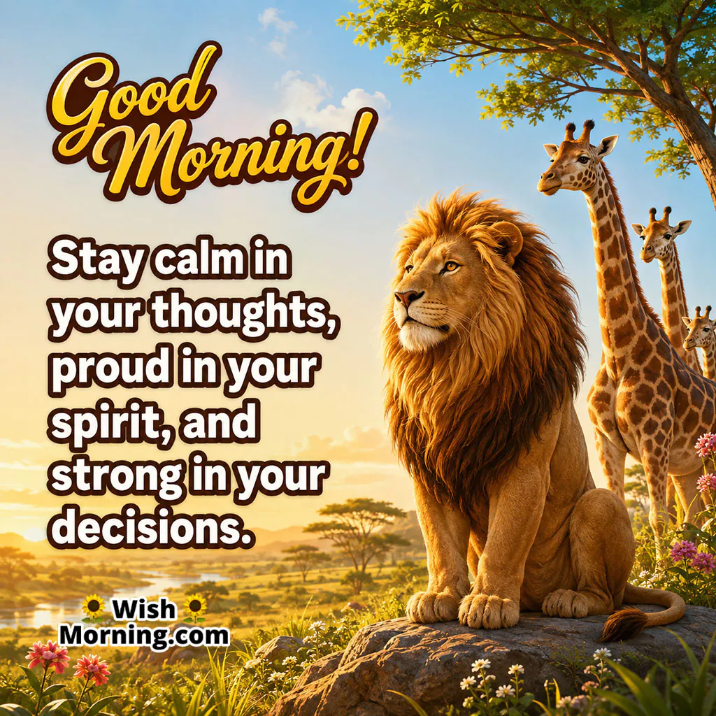 Good Morning Lion and Giraffes Image featuring a majestic lion sitting on a rock with giraffes behind him in a beautiful morning savanna, symbolising calmness, pride and strength.